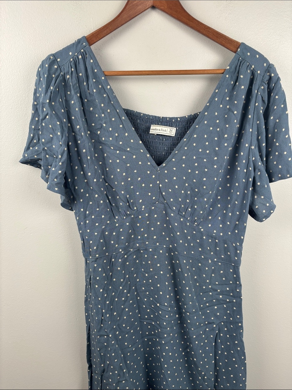 Abercrombie & Fitch Blue Polka Dot Mini Dress ruching pleated skirt size Medium - Picture 7 of 9